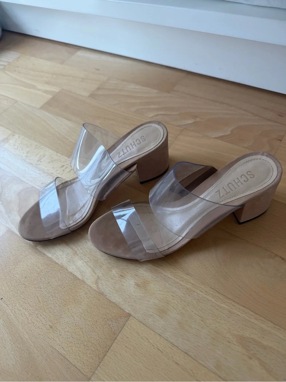 SCHUTZ Clear Strap Slide Sandals with Nude Footbed